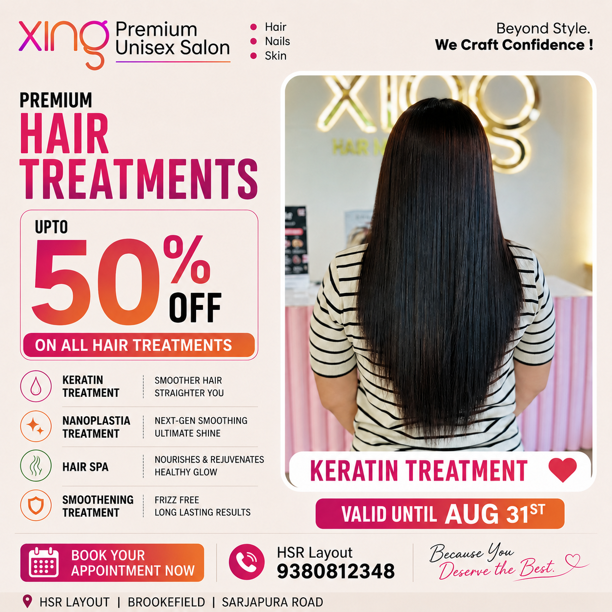 Smooth, straight keratin treatment result at Xing Premium Unisex Salon, HSR Layout