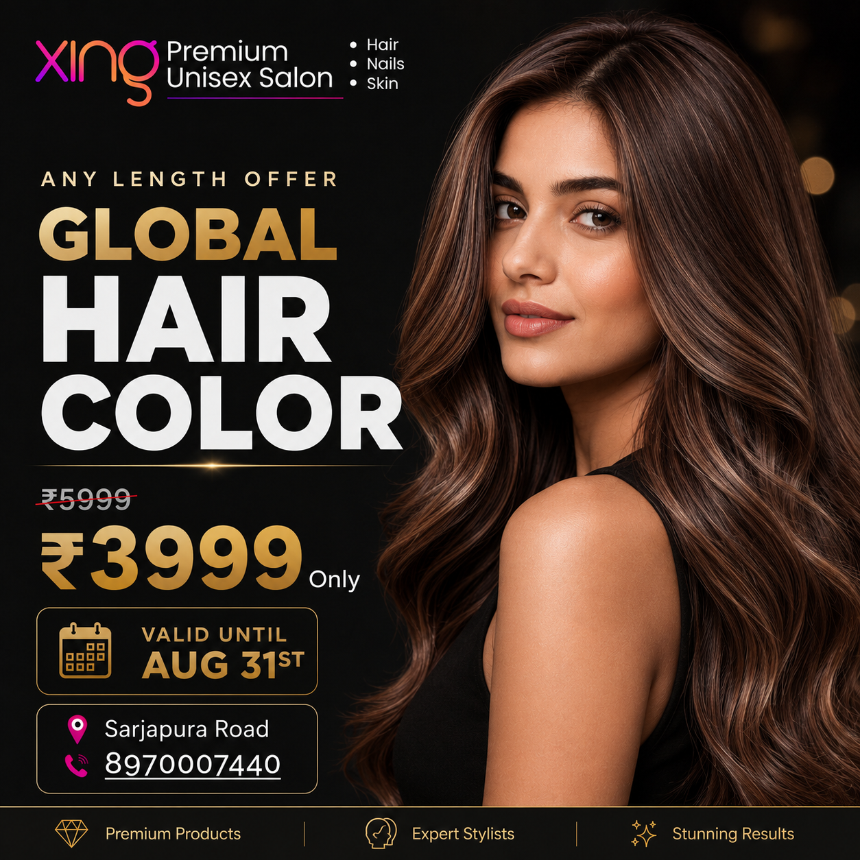 Global Hair Color offer, any length, ₹3999, at Xing Salon Sarjapura Road