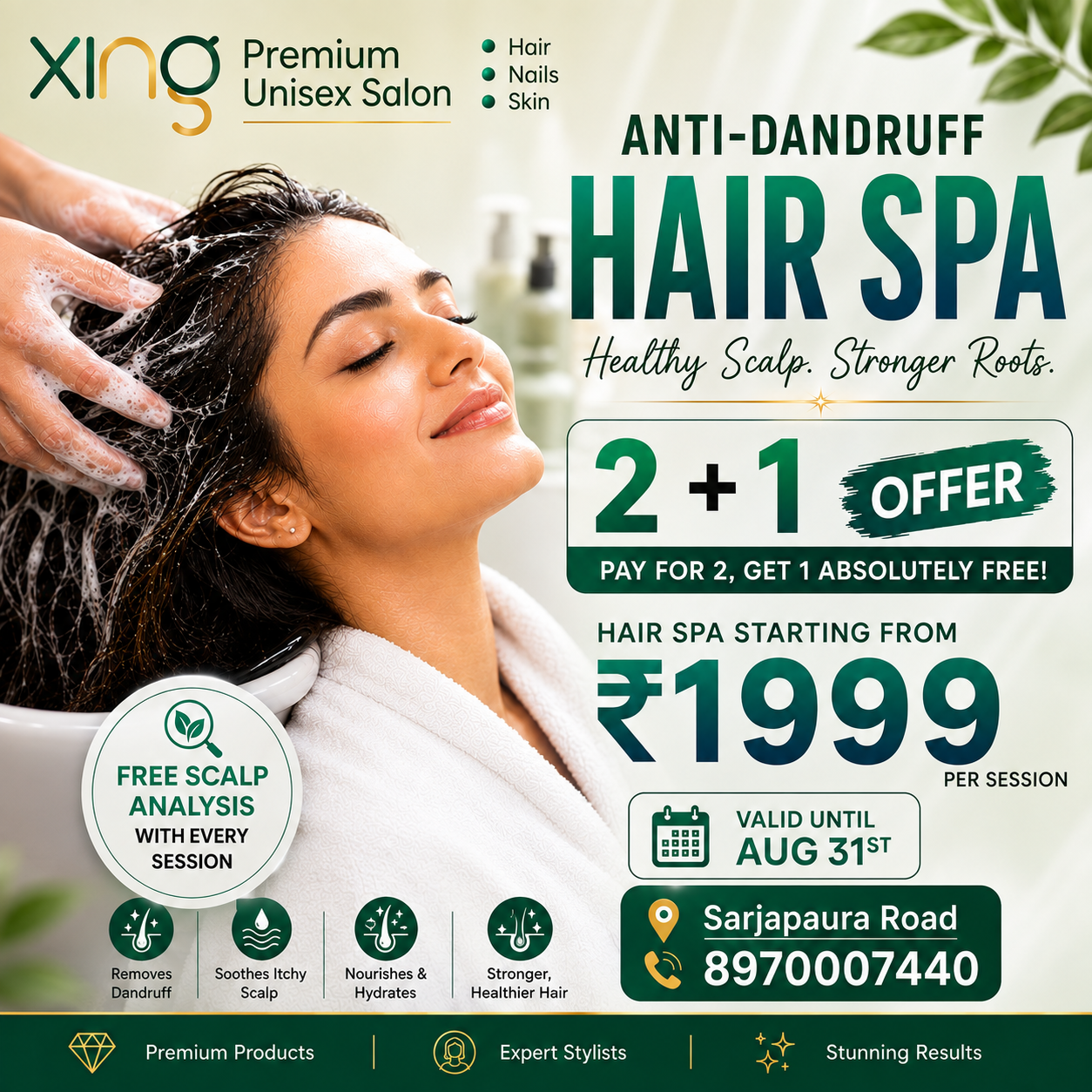 Anti-Dandruff Hair Spa offer, 2+1, starting from ₹1999 per session, at Xing Salon Sarjapura Road