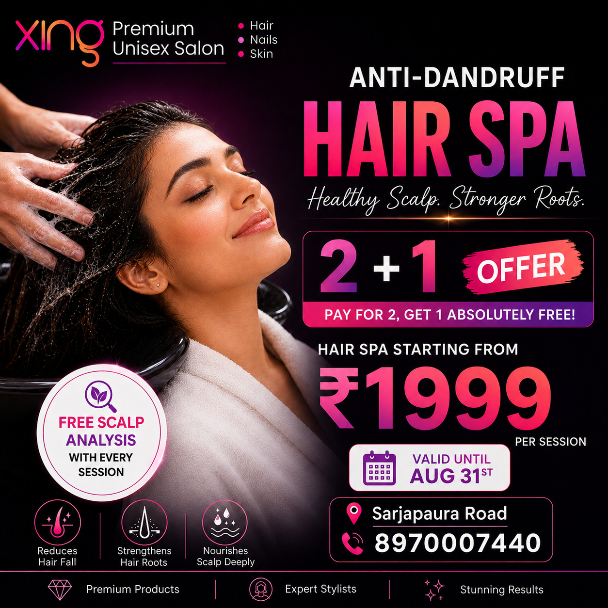 Anti-Hairfall Hair Spa offer, 2+1, starting from ₹1999 per session, at Xing Salon Sarjapura Road