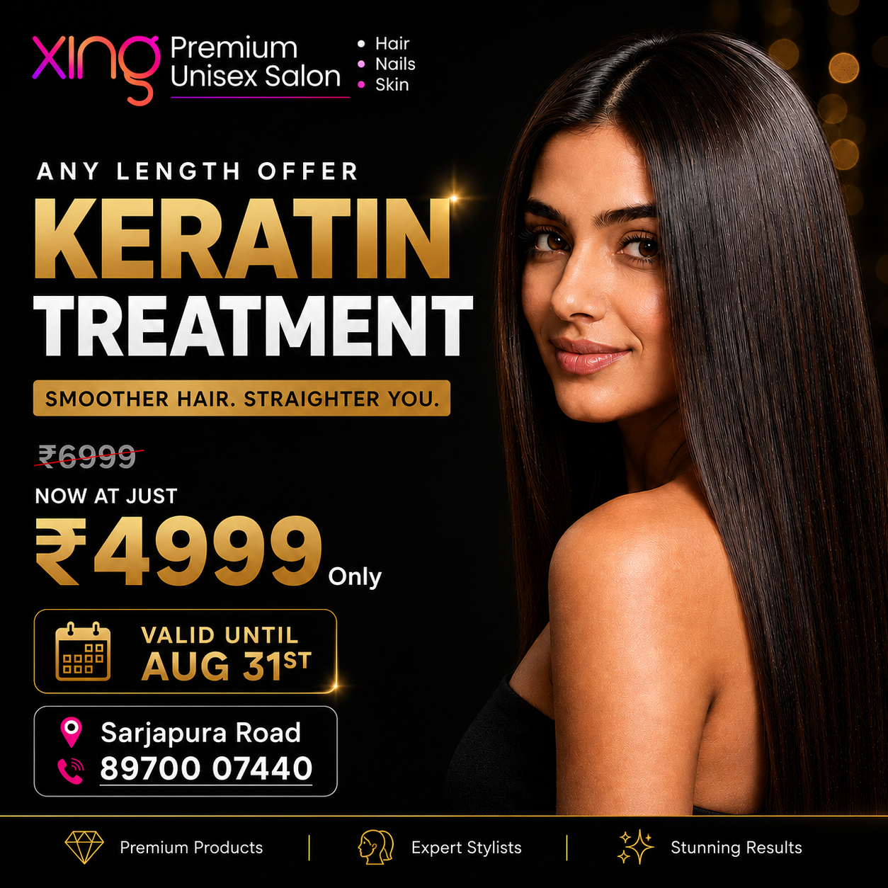 Keratin Treatment offer, any length, ₹4999, at Xing Salon Sarjapura Road