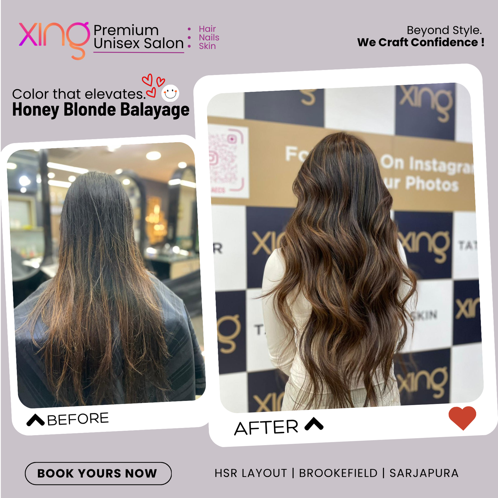 Before and after hair color transformation at Xing Salon