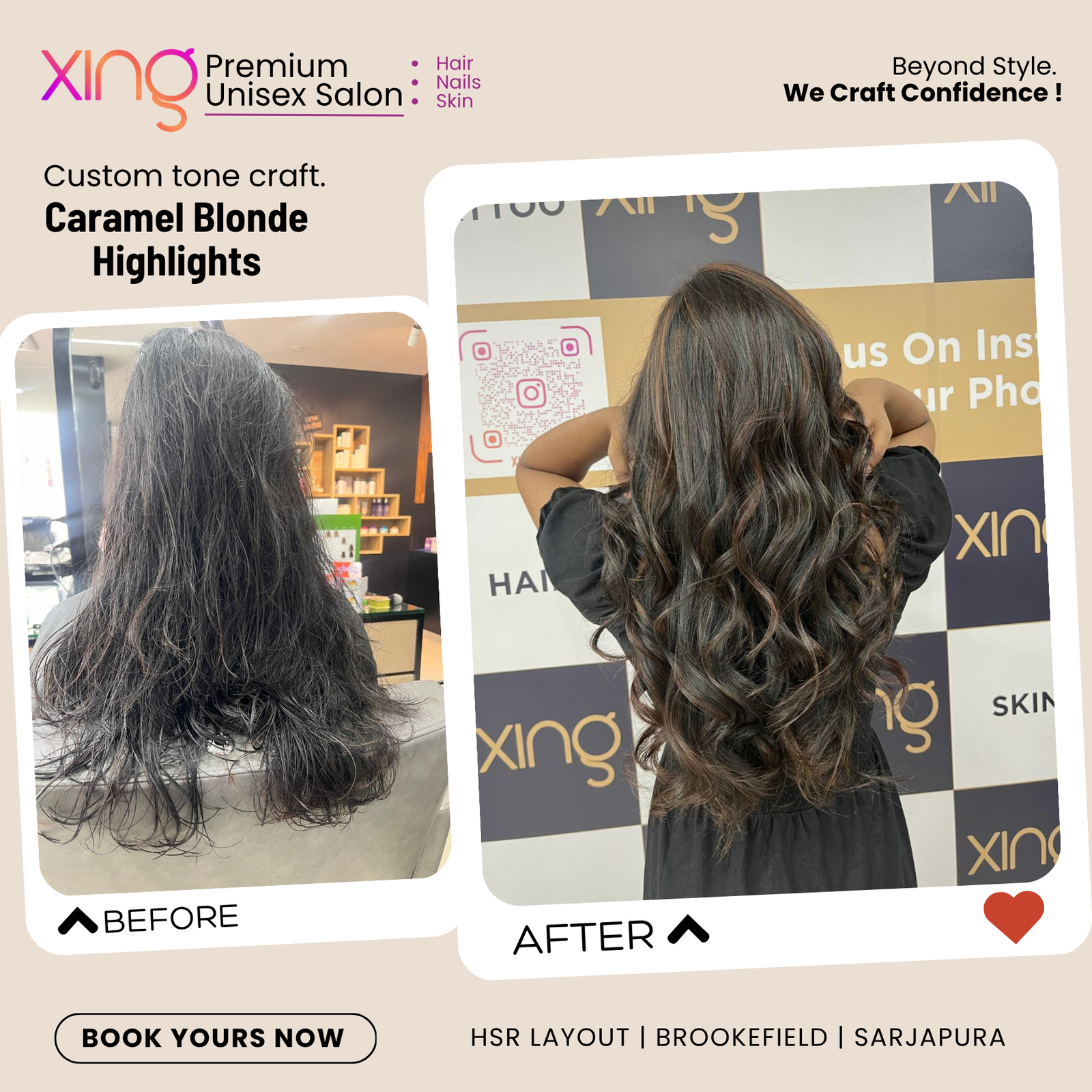 Before and after hair color transformation at Xing Salon