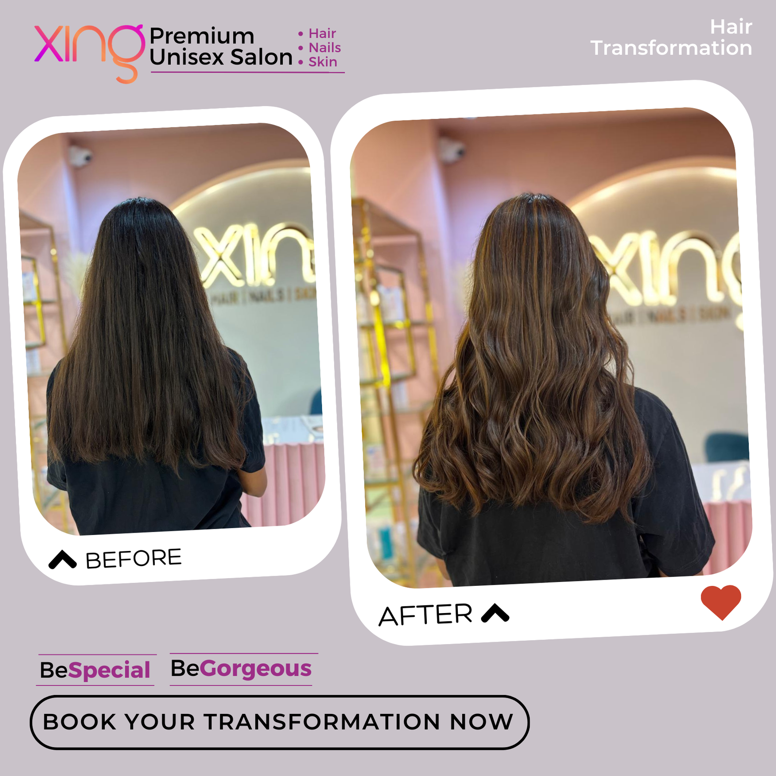 Before and after hair color transformation at Xing Salon