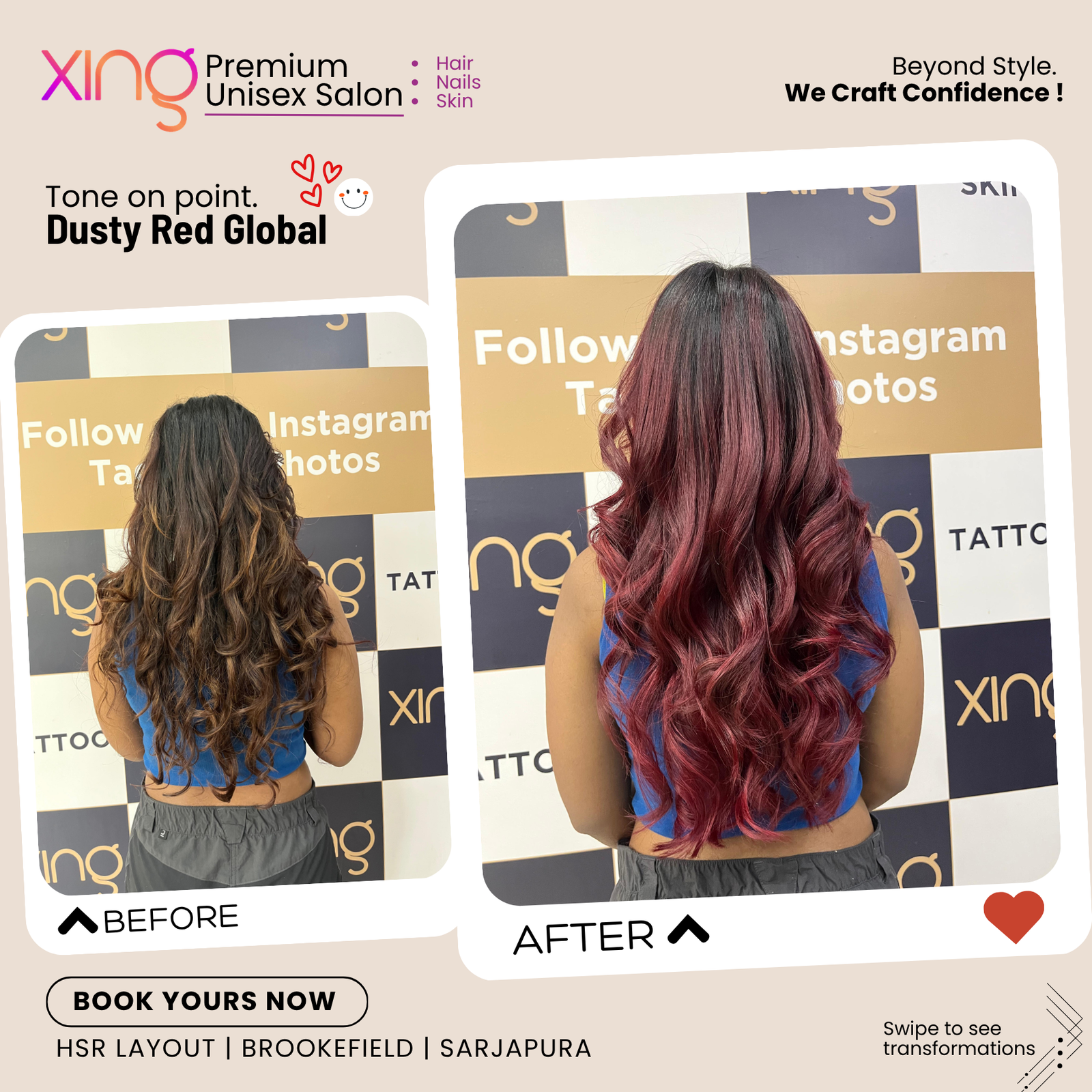 Before and after hair color transformation at Xing Salon