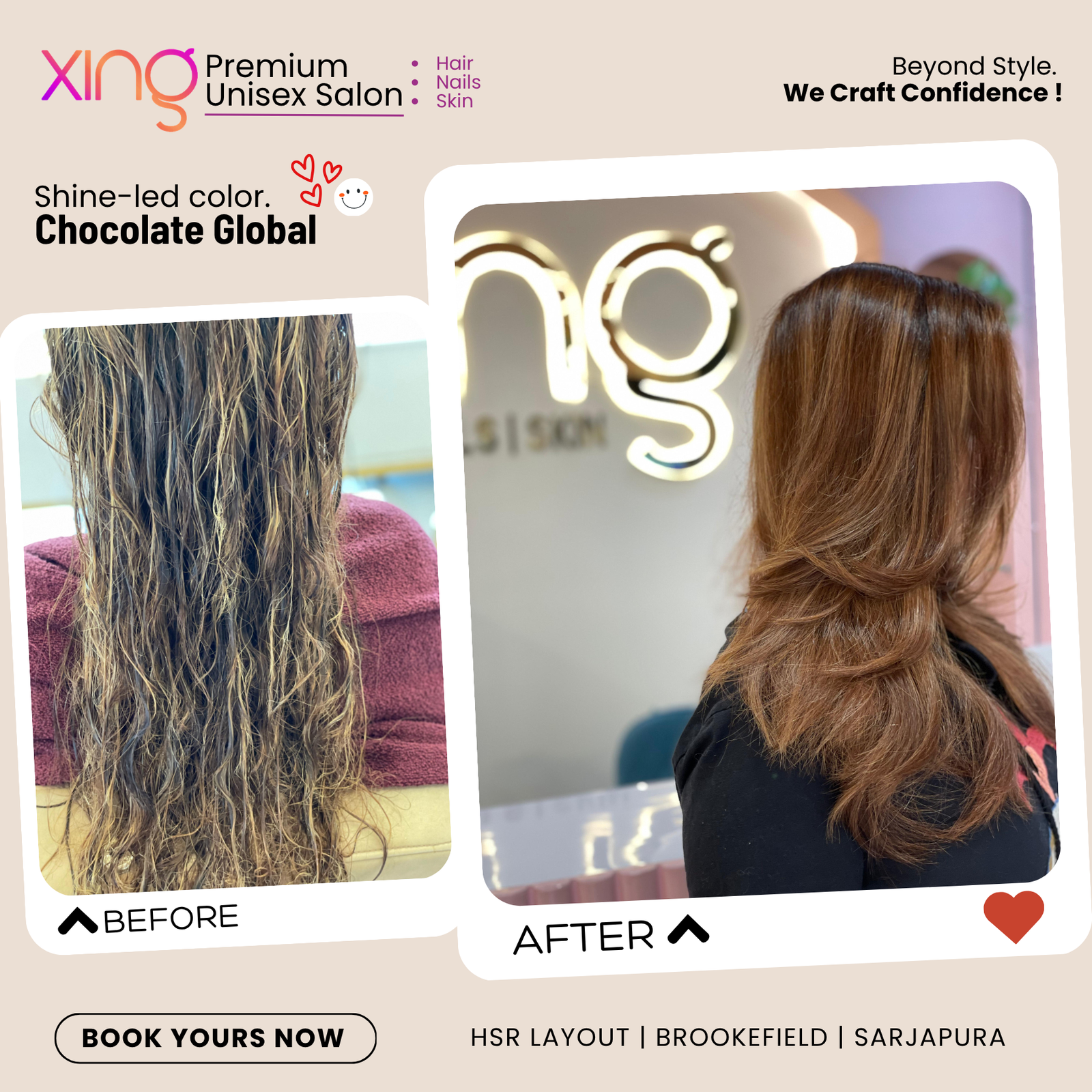 Before and after hair color transformation at Xing Salon