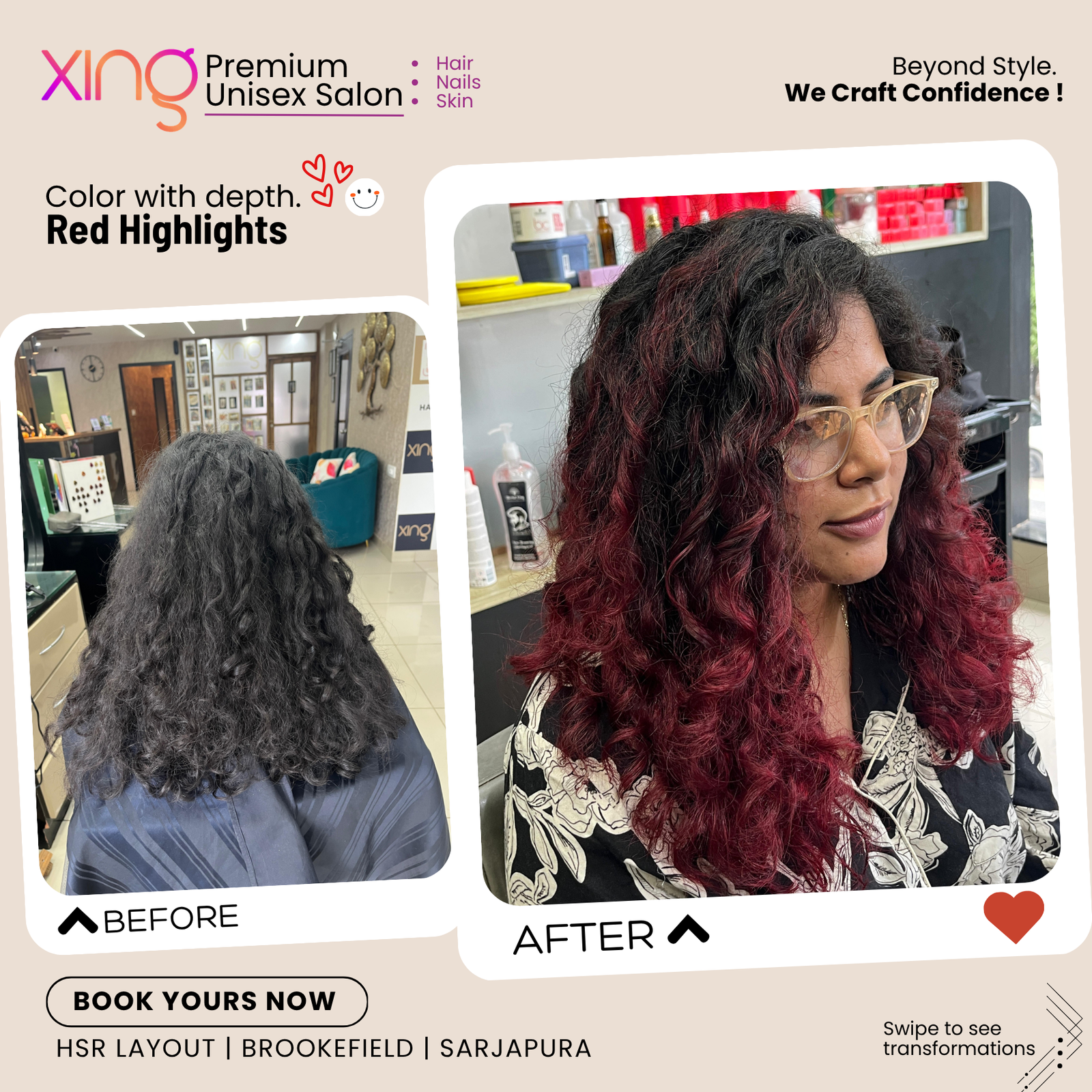 Before and after hair color transformation at Xing Salon