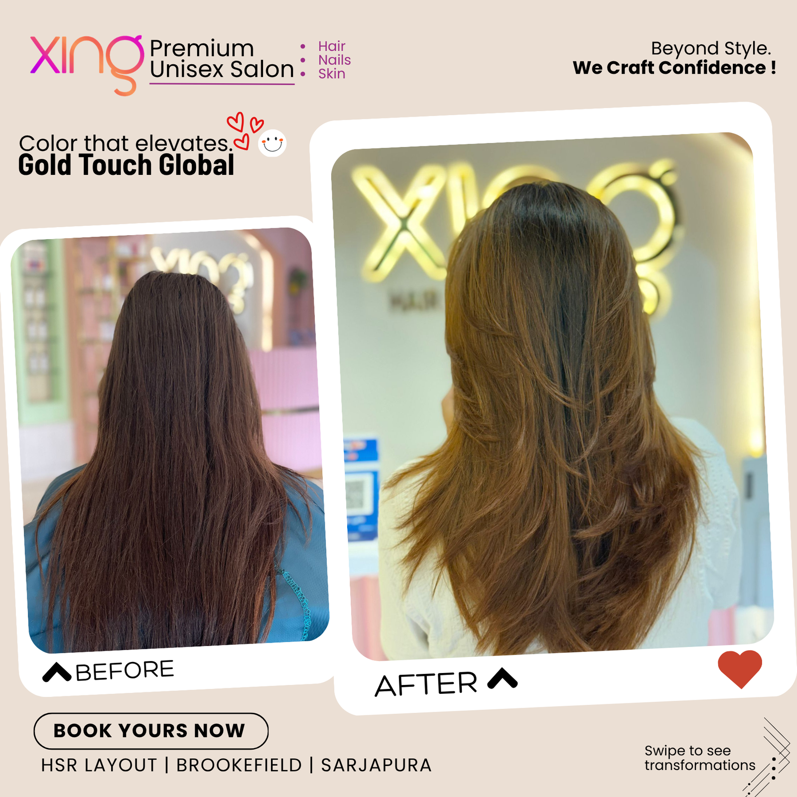 Before and after hair color transformation at Xing Salon