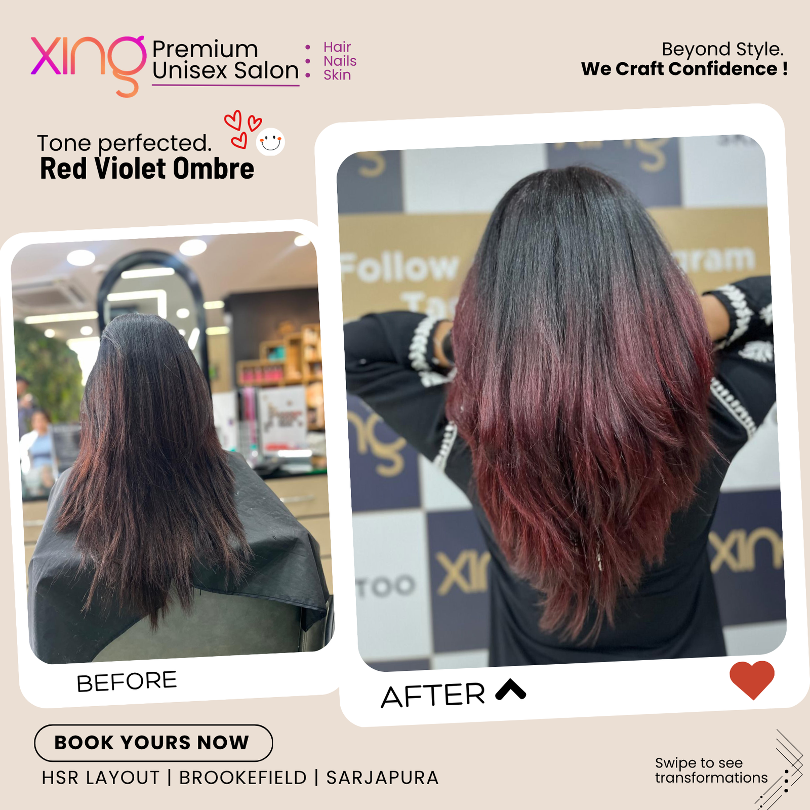 Before and after hair color transformation at Xing Salon