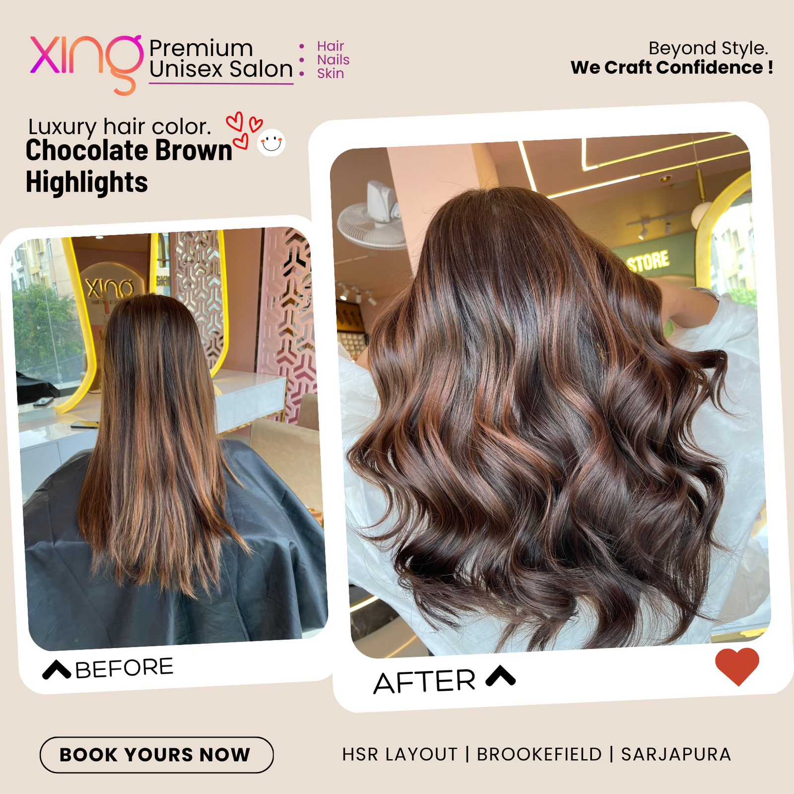 Before and after hair color transformation at Xing Salon