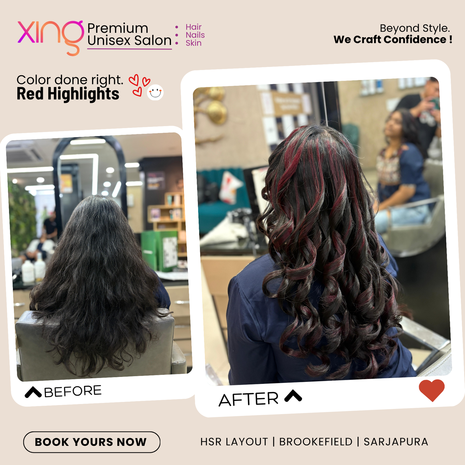 Before and after hair color transformation at Xing Salon