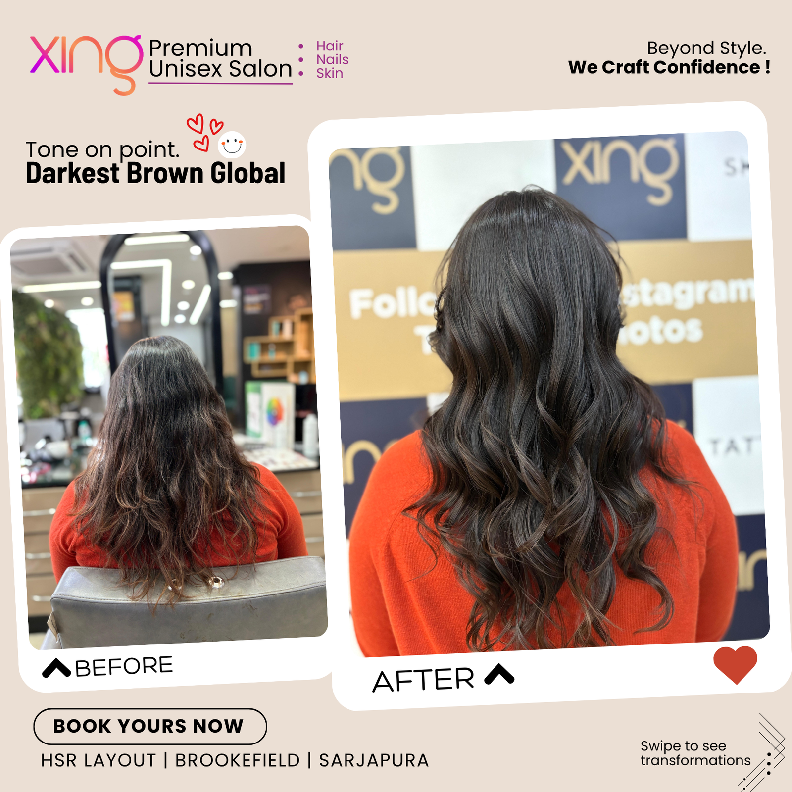 Before and after hair color transformation at Xing Salon