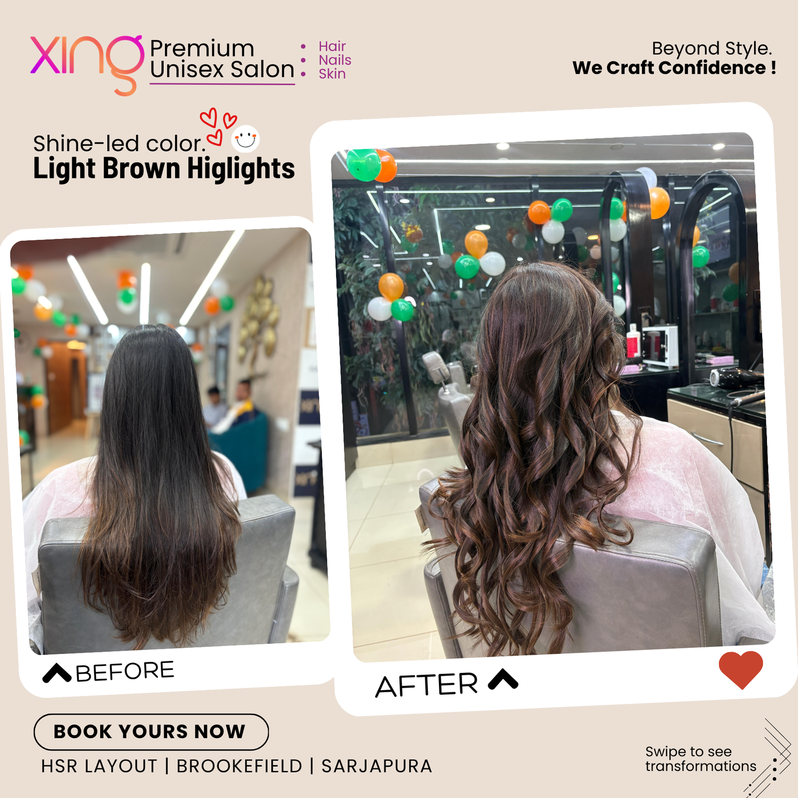 Before and after hair color transformation at Xing Salon