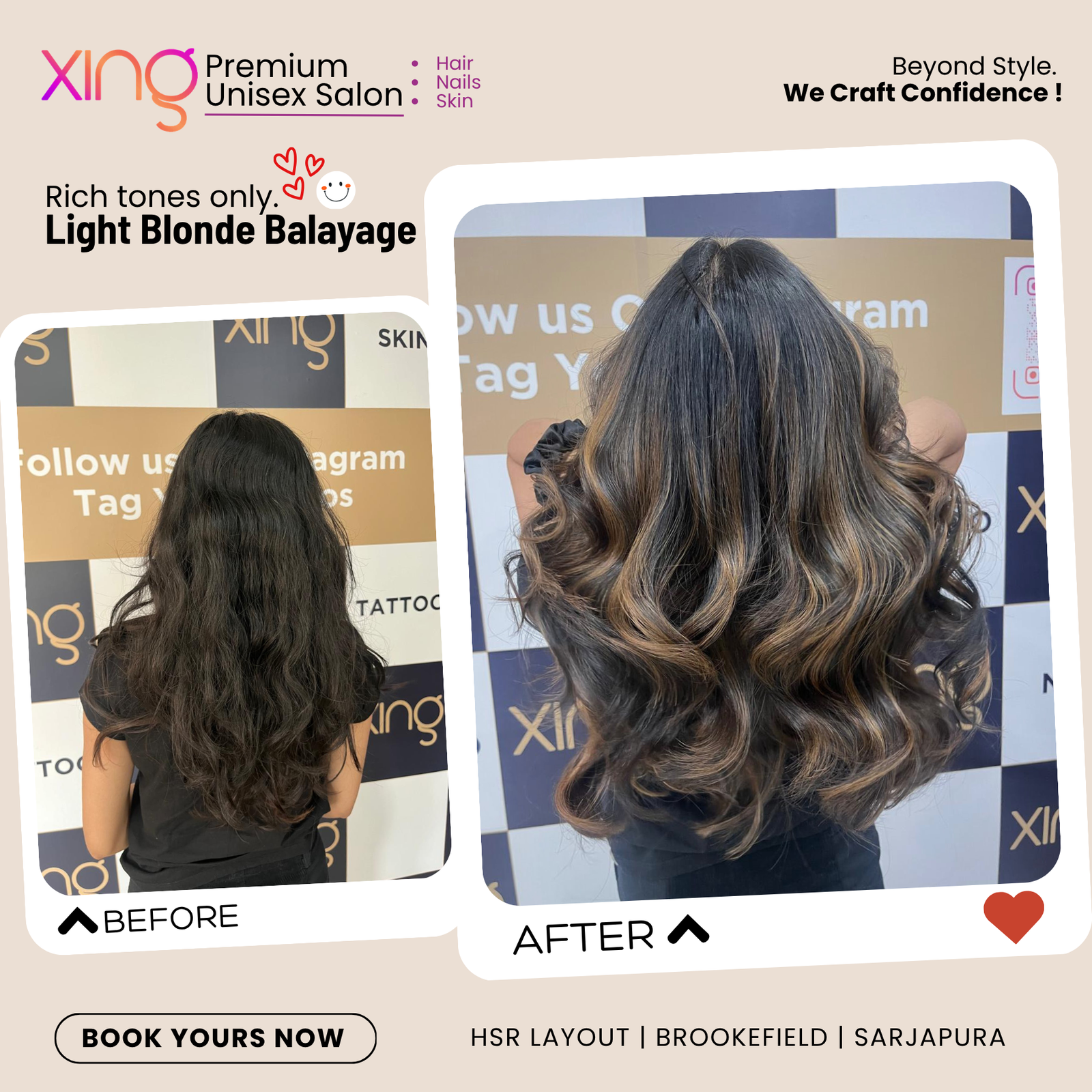 Before and after hair color transformation at Xing Salon