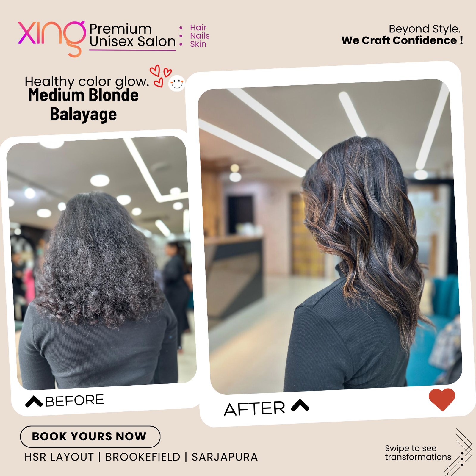 Before and after hair color transformation at Xing Salon