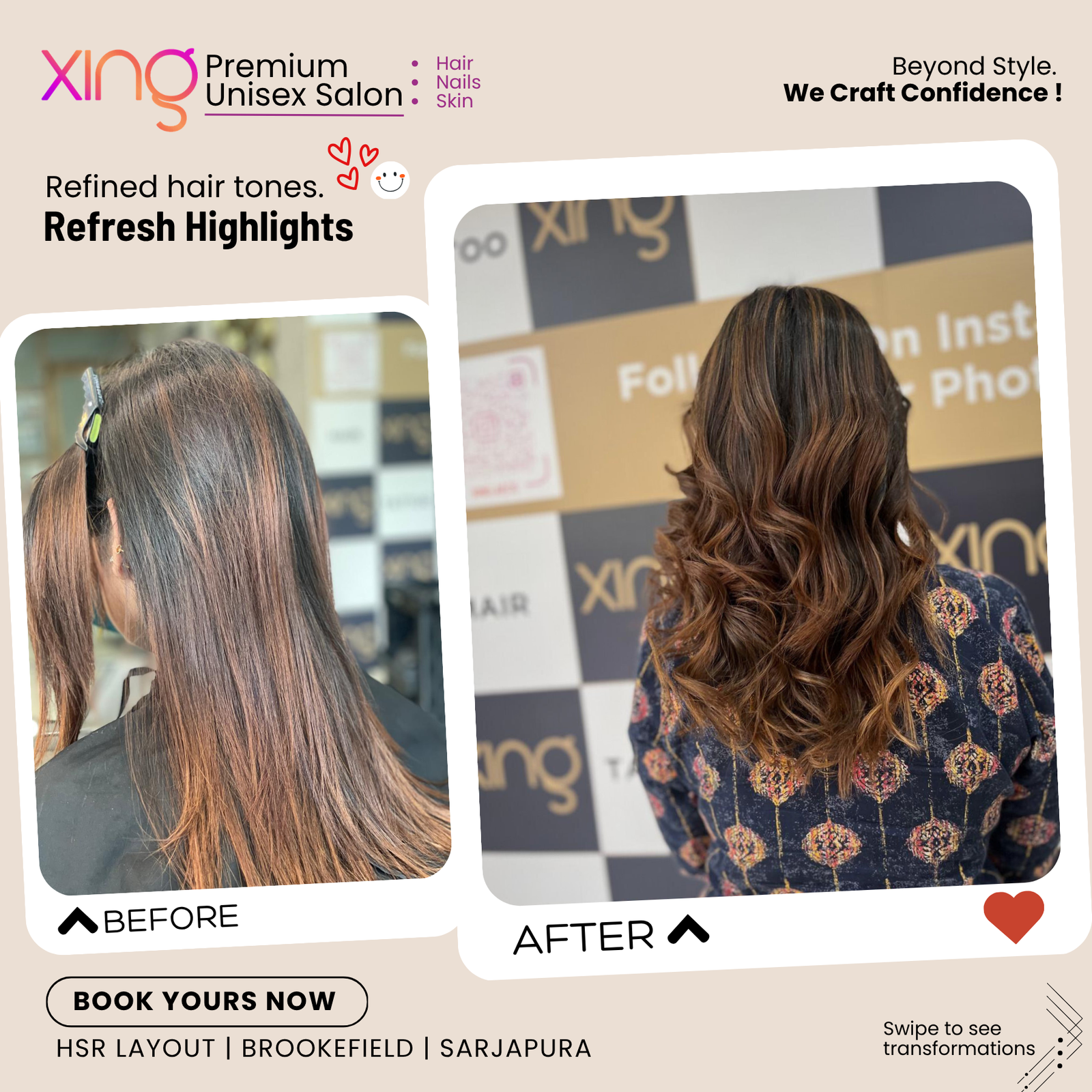 Before and after hair color transformation at Xing Salon