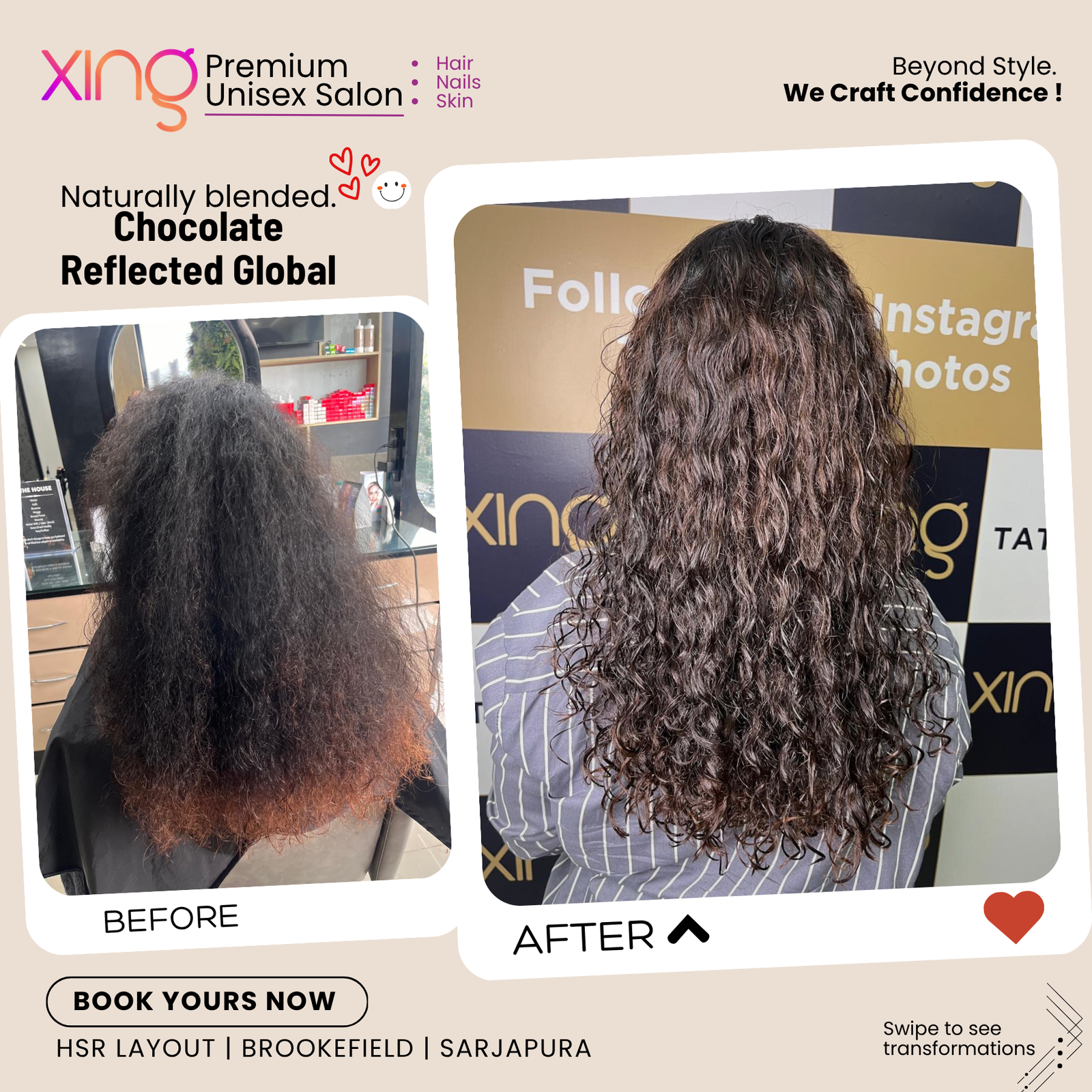 Before and after hair color transformation at Xing Salon