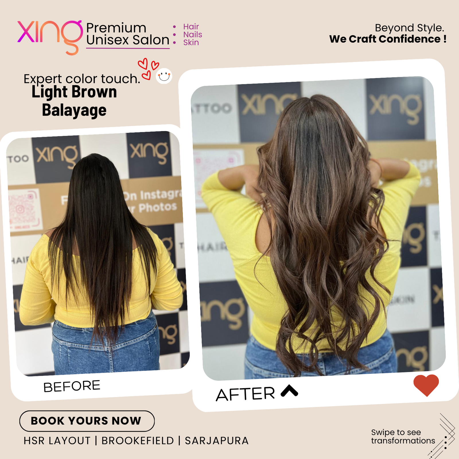 Before and after hair color transformation at Xing Salon