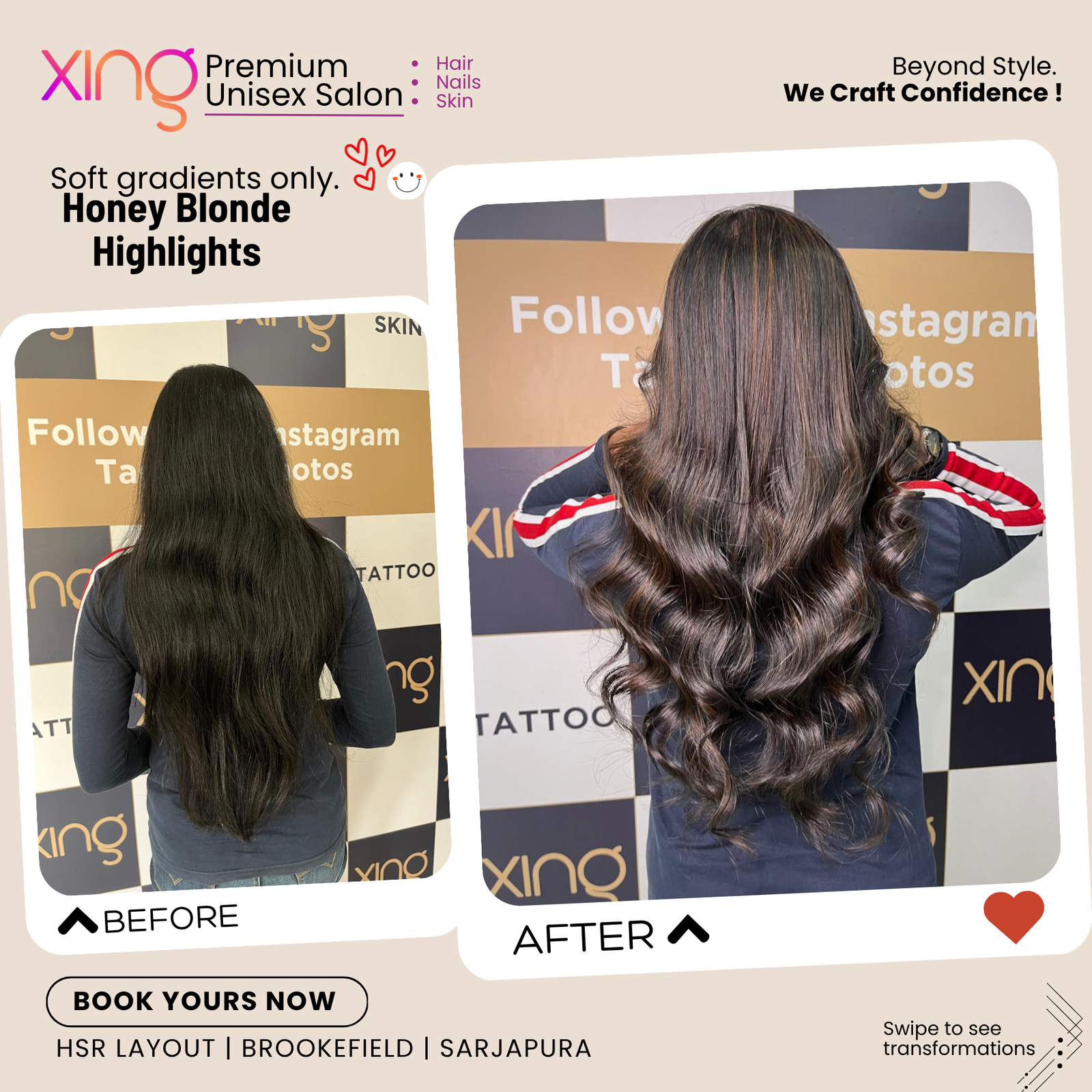 Before and after hair color transformation at Xing Salon