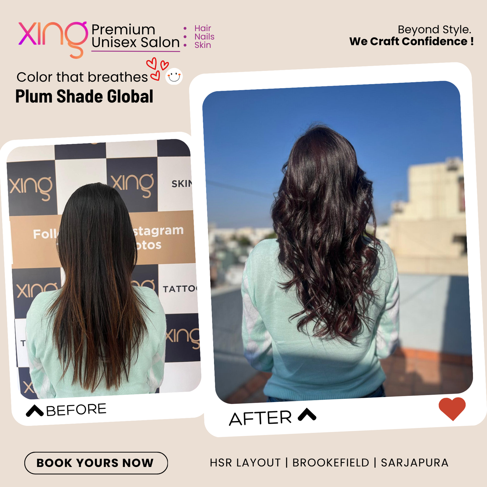 Before and after hair color transformation at Xing Salon