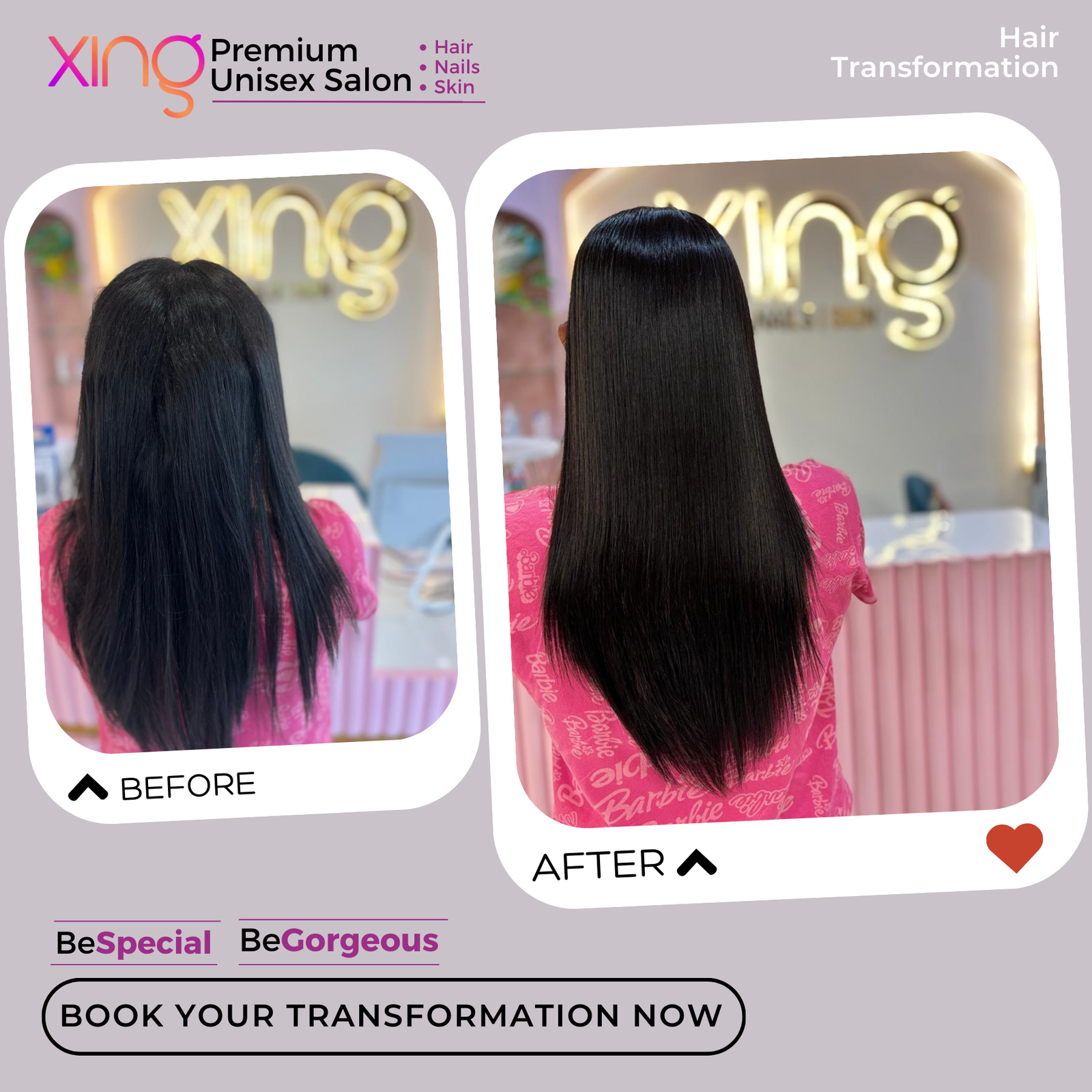 Before and after hair treatment result at Xing Salon