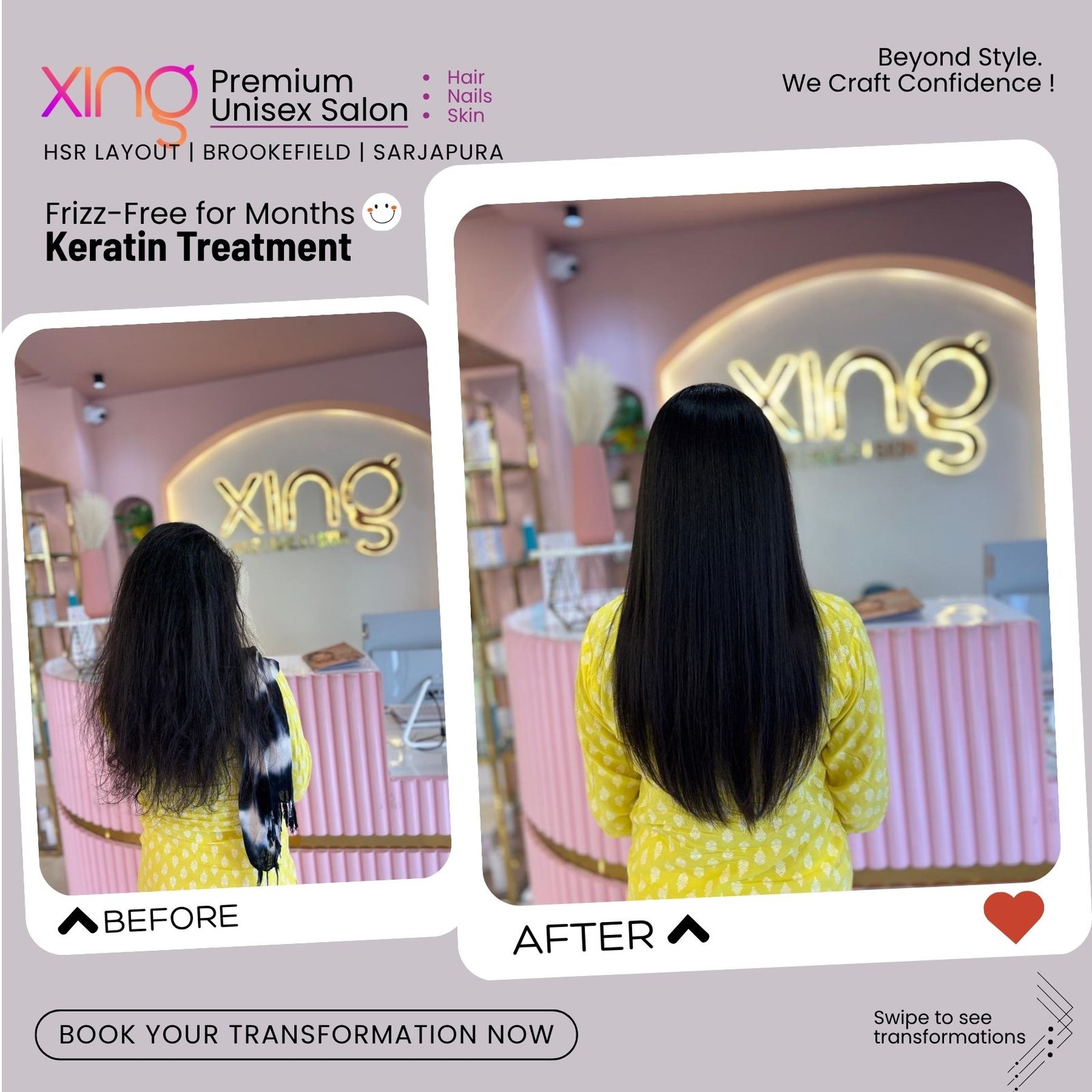 Before and after hair treatment result at Xing Salon