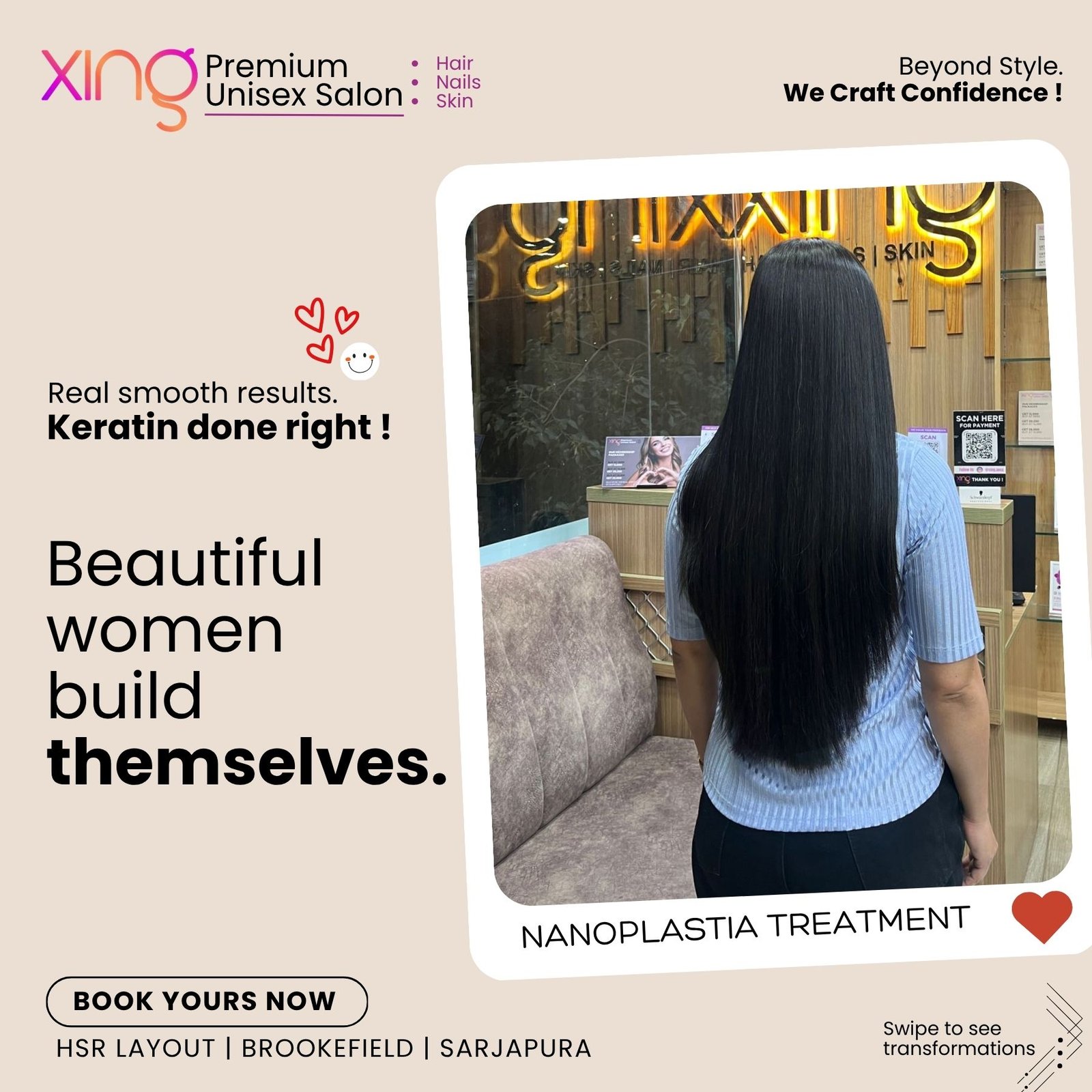Before and after hair treatment result at Xing Salon