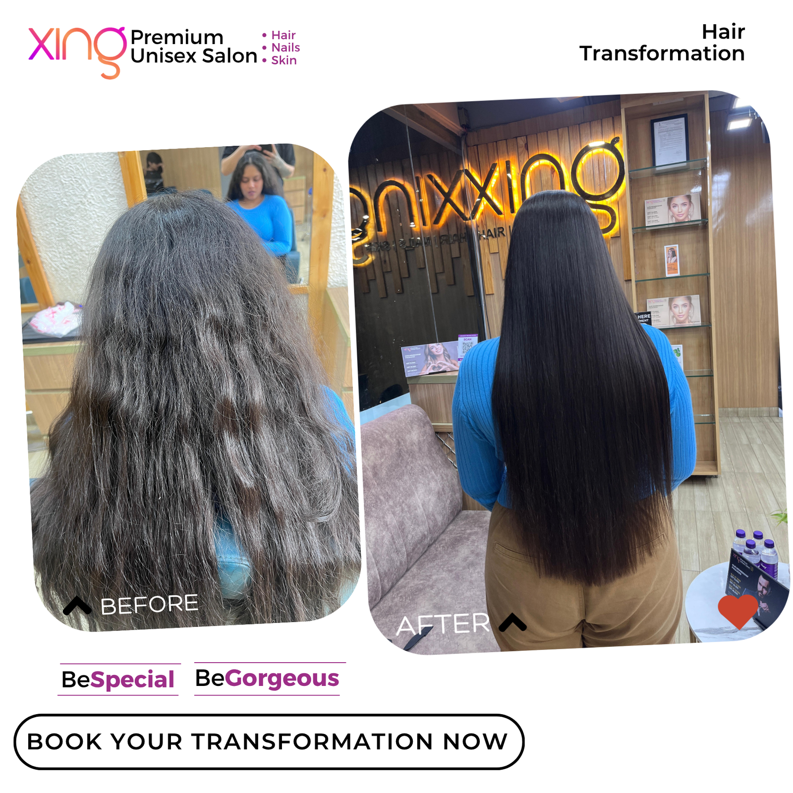 Before and after hair treatment result at Xing Salon