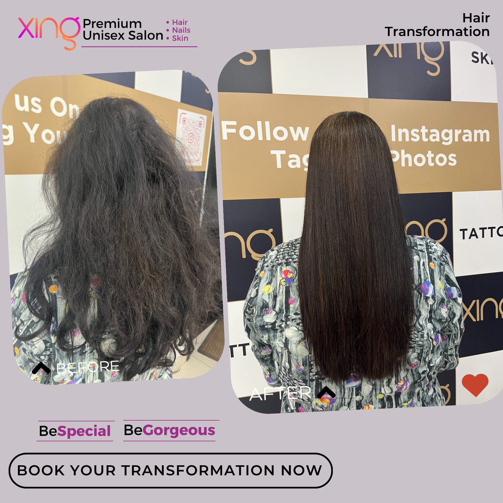 Before and after hair treatment result at Xing Salon