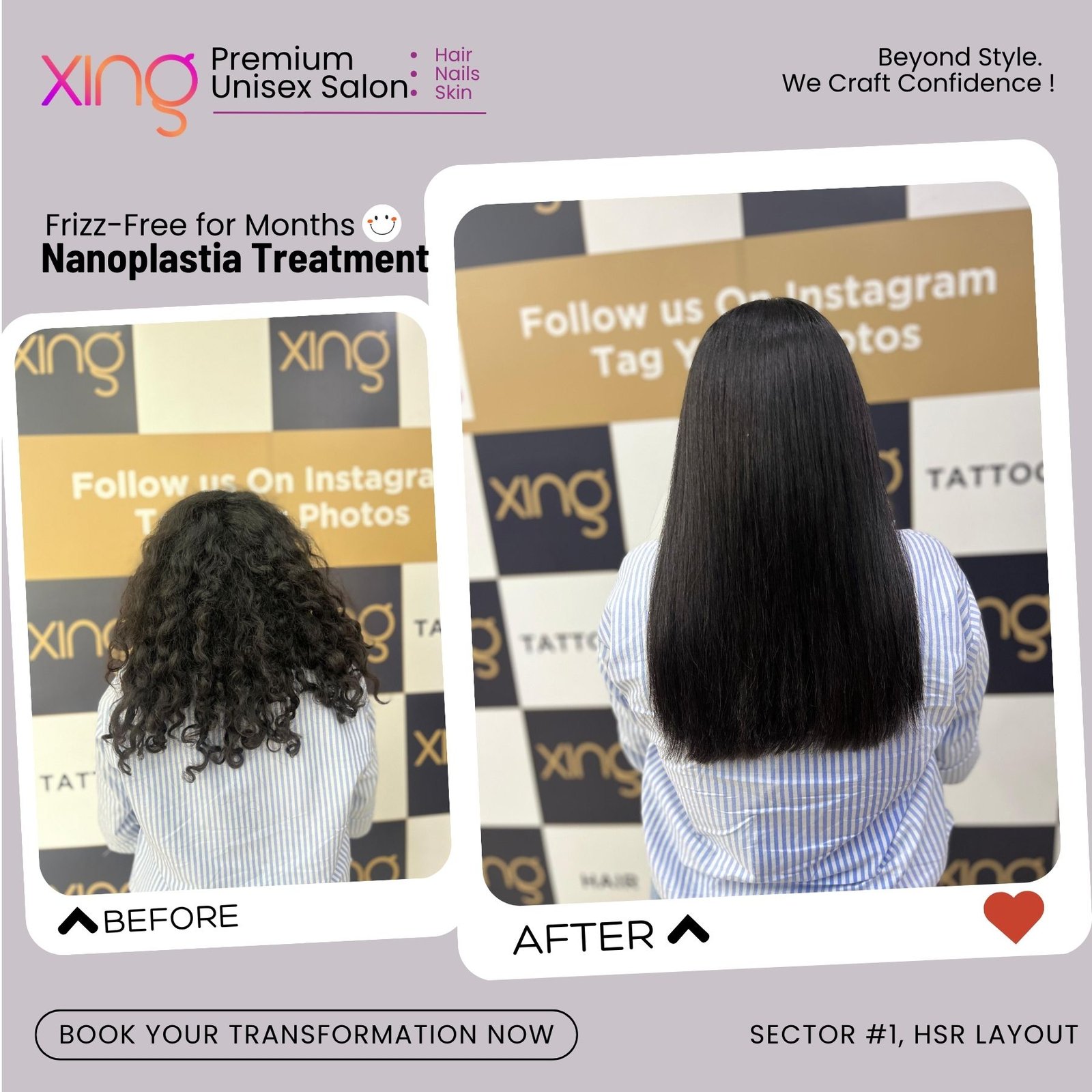 Before and after hair treatment result at Xing Salon