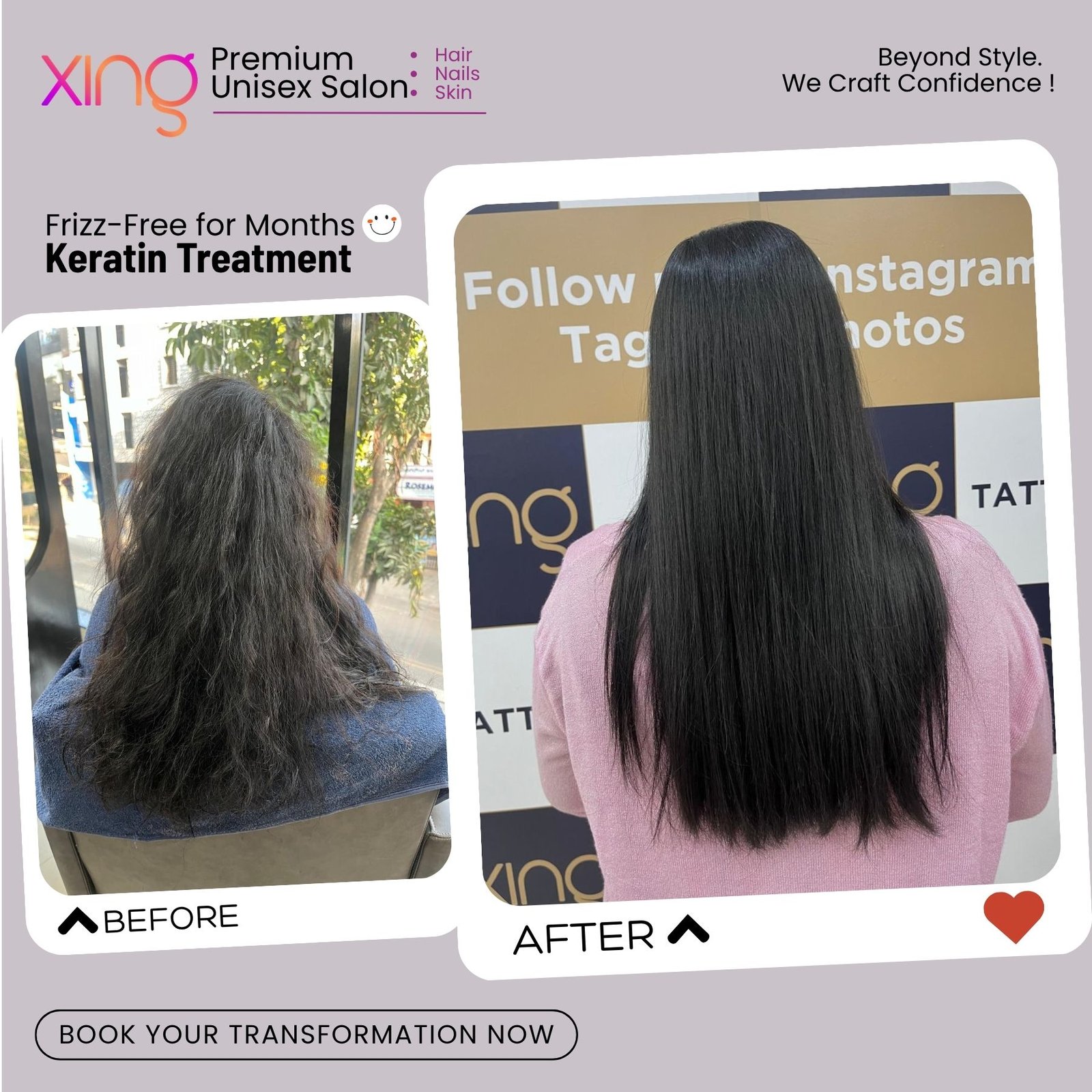 Before and after hair treatment result at Xing Salon