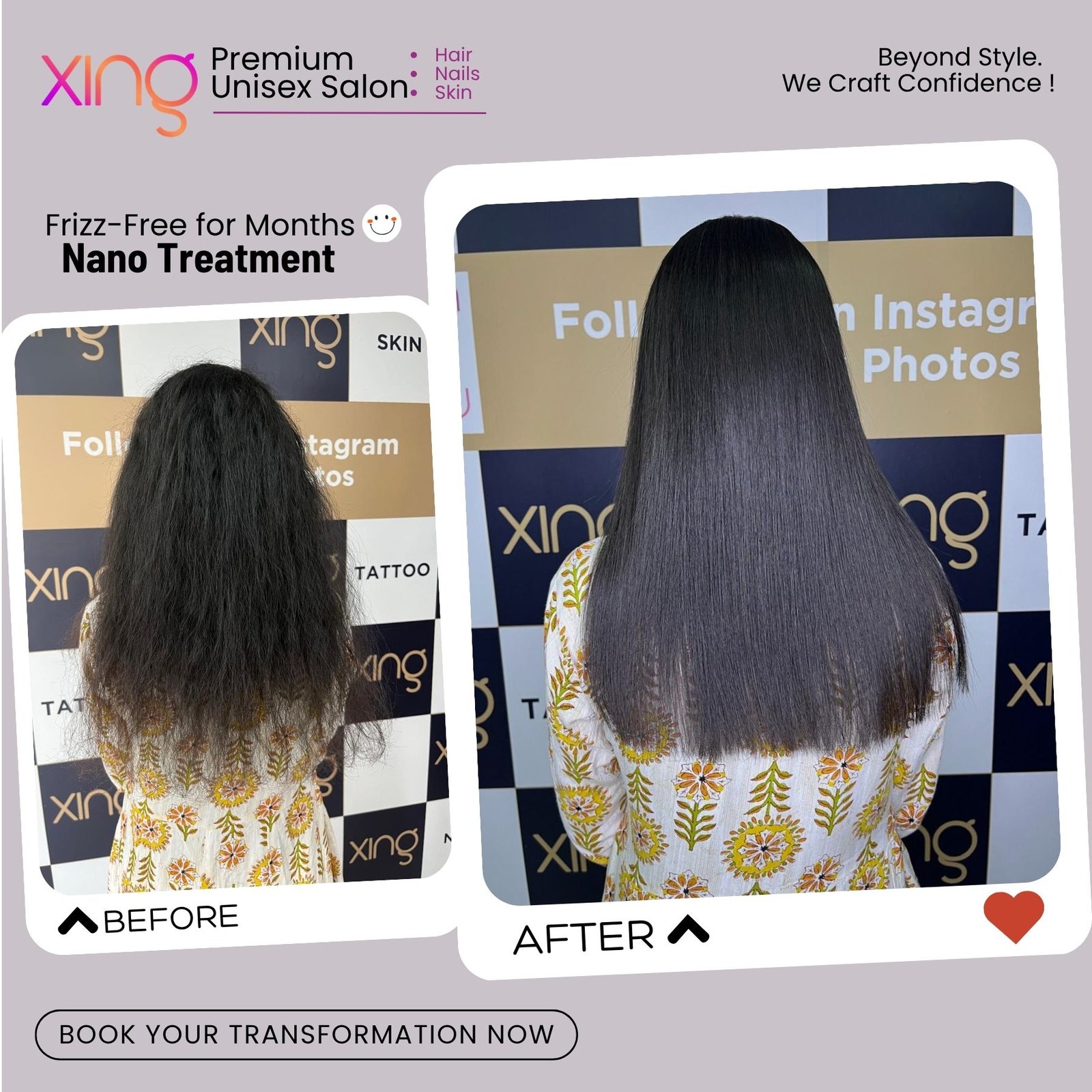 Before and after hair treatment result at Xing Salon