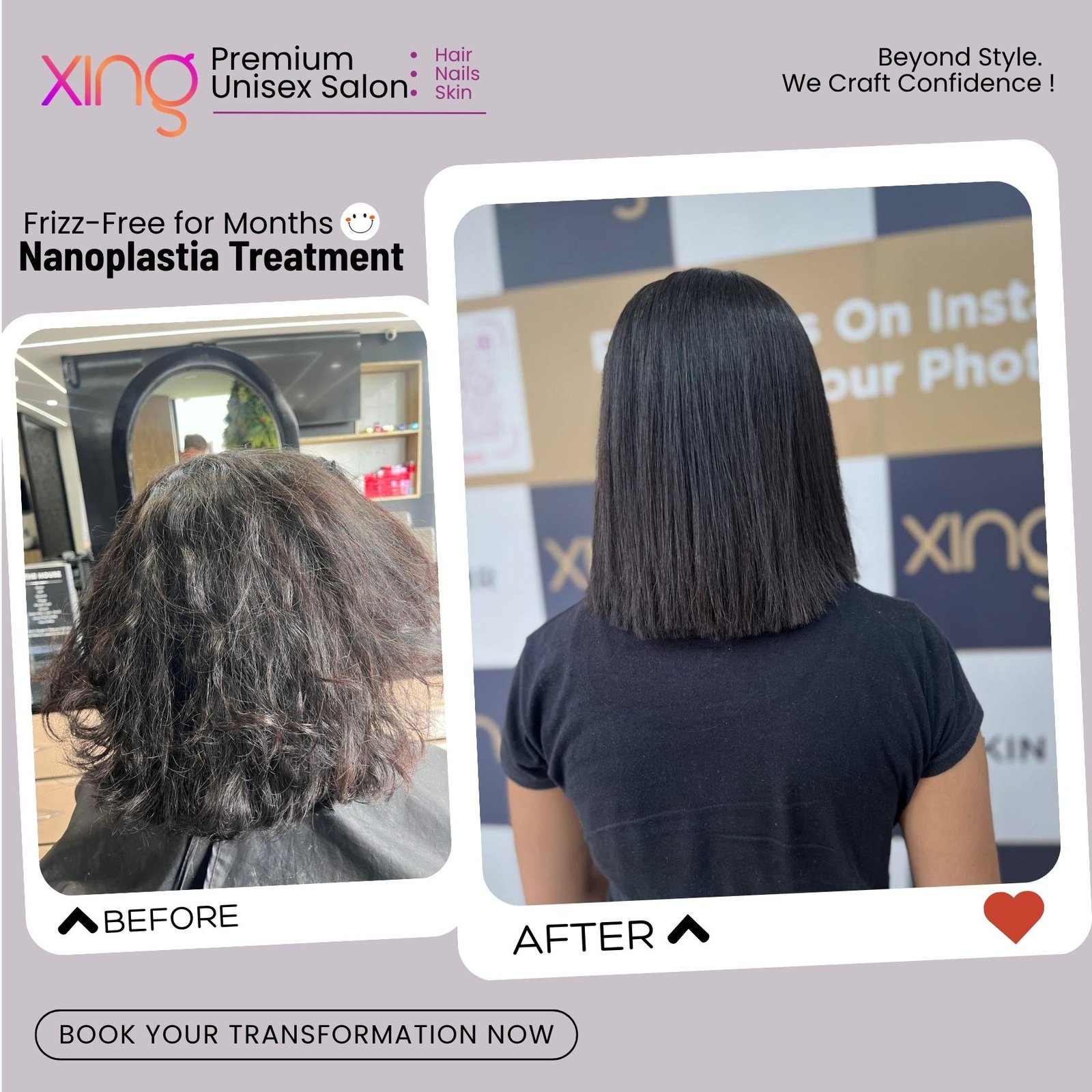 Before and after hair treatment result at Xing Salon