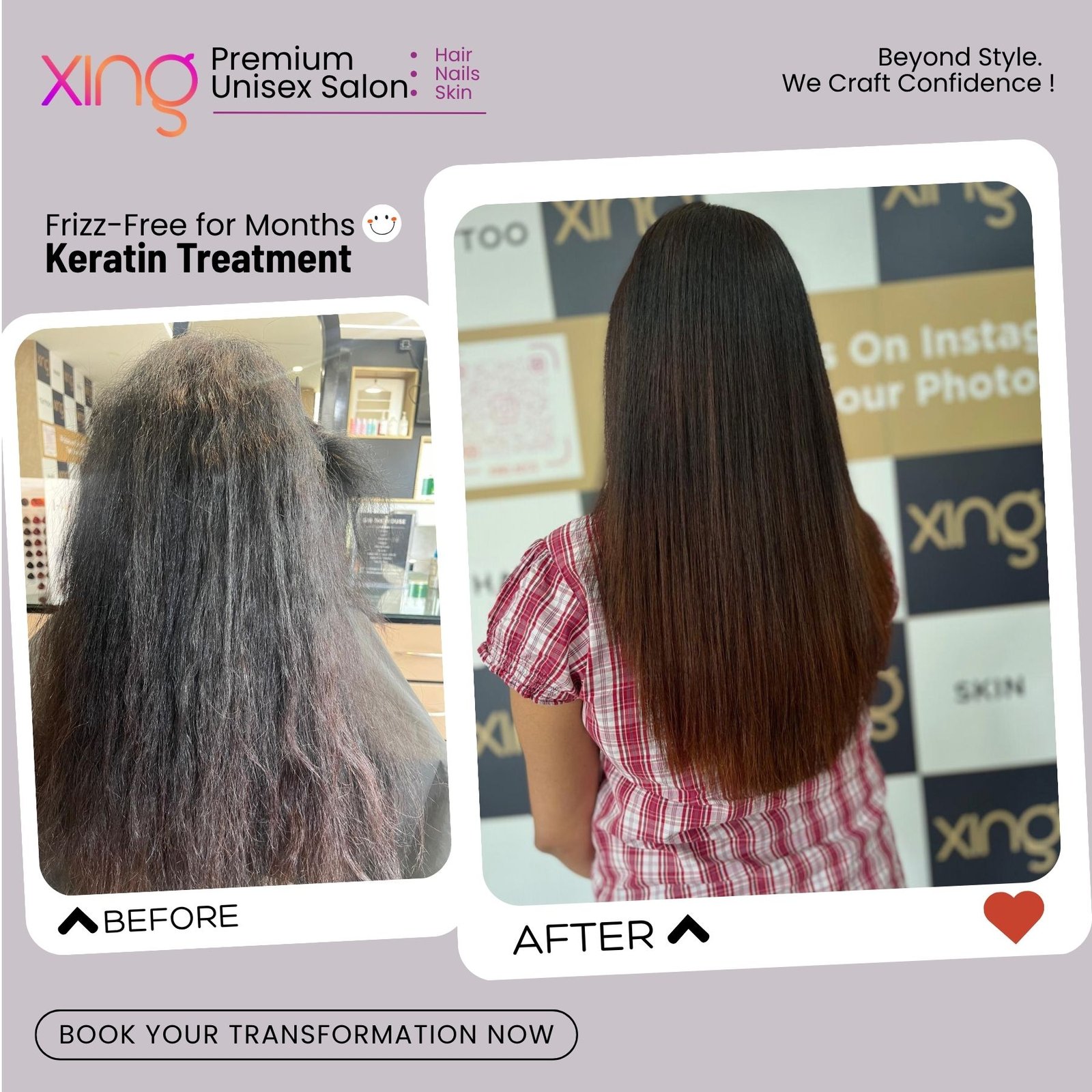 Before and after hair treatment result at Xing Salon