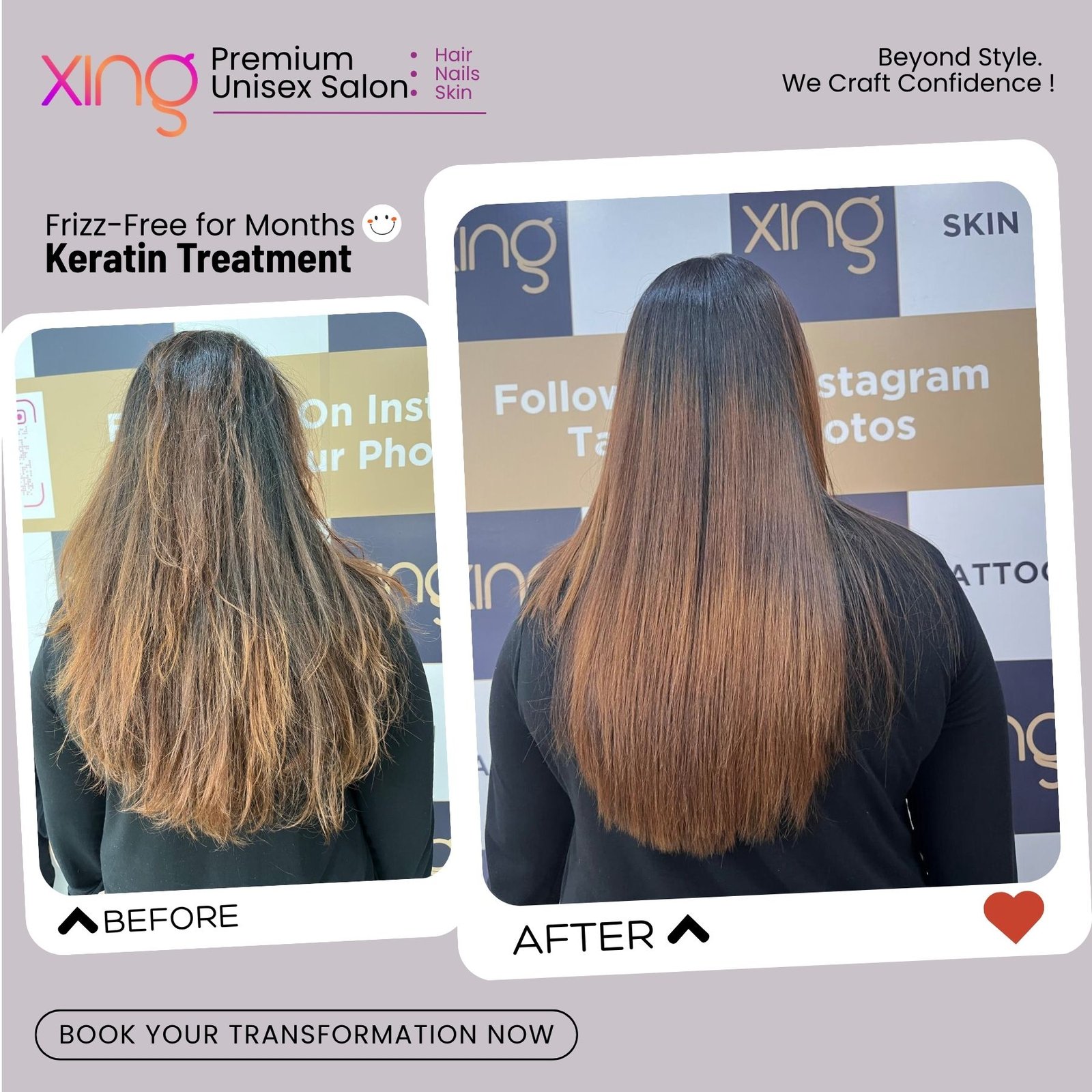 Before and after hair treatment result at Xing Salon