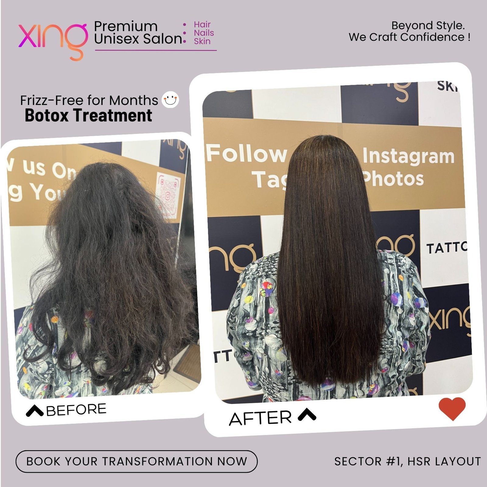 Before and after hair treatment result at Xing Salon
