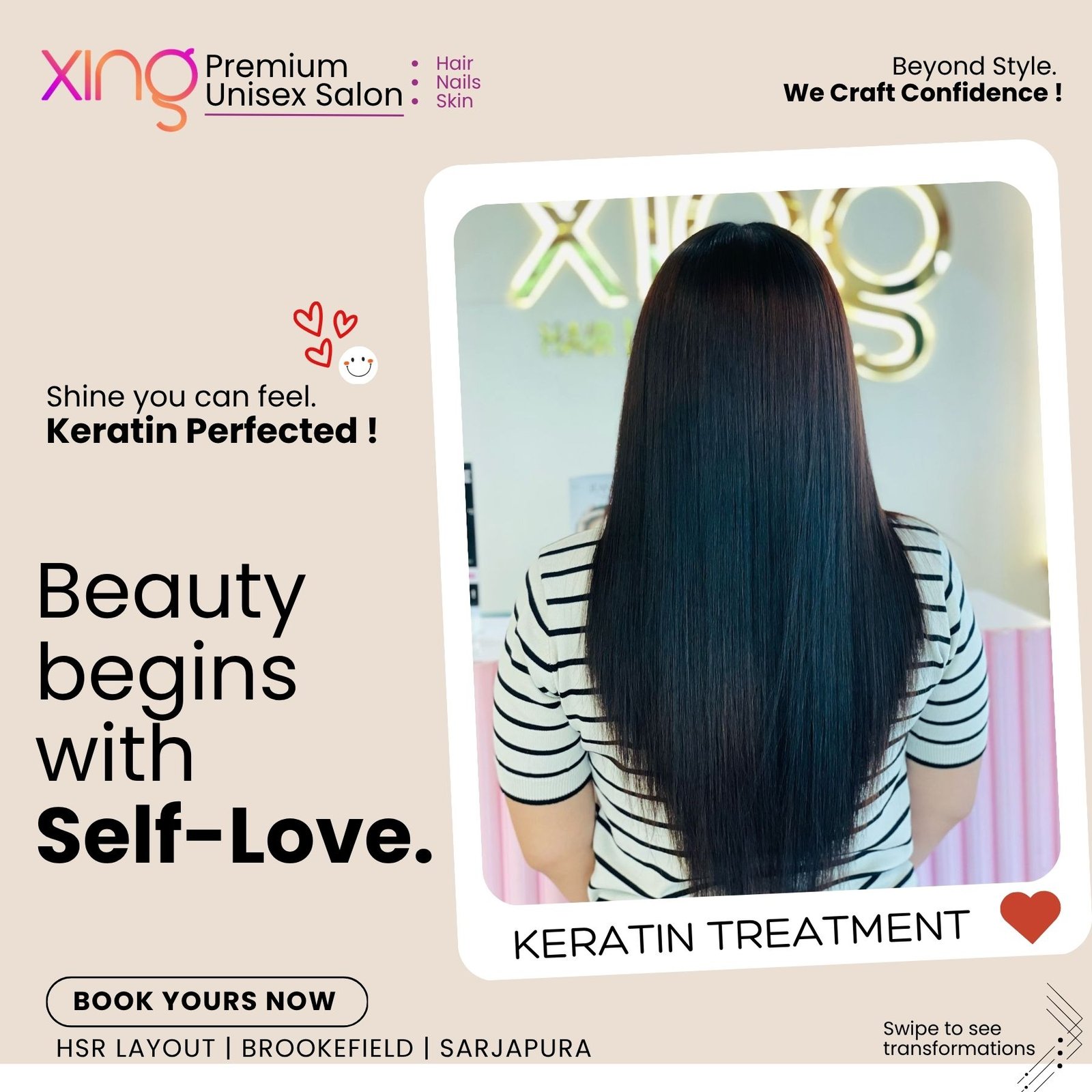 Before and after hair treatment result at Xing Salon