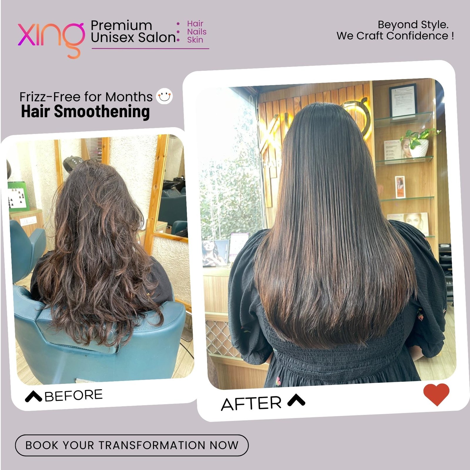 Before and after hair treatment result at Xing Salon